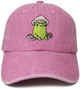 Enodtter Frog with Mushroom Baseball Cap for Women, Washed Pink Summer Travel Denim Hat Embroidered Trucker Hat