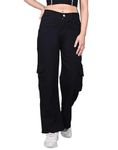 Habit Creation Women High-Rise Straight Fit Cargo Jeans |Wide Leg |Denim Cargo Pant (30, Black)