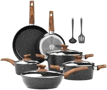 Kitchen Academy Induction Hob Pots and Pans Set - 12 Piece Cooking Pans Set, Black Granite Kitchen Cookware Set,Nonstick Saucepan Set PFOS & PFOA Free