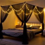 Mosquito Net for Bed Canopy, w/ 200 LED Star String Light Four Corner Post Curtains Bed Canopy Elegant Mosquito Net, Screen Netting Canopy Curtains for Full/Queen/King Bed, with Hook & Rope for net