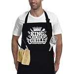 APRONPANDA King of The Grill Apron, BBQ Aprons for Men with Pockets, Christmas Gifts for Men Him Dad, Father's Day Gifts, Professional Cooking Chef Cotton Apron for Kitchen,Baking