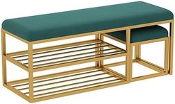 Teak Wood Art Shoe Rack Bench Organizer with Mesh Seat for Bedroom Entry Window Mudroom Living Room, 2-Tier Fleece Bench Bench for Entryway- Green
