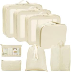 Neween 8PCS Packing Cubes for Suitcases, Travel Luggage Packing Organisers with Shoe Bag & Cosmetic Bag, Waterproof Travel Essential Cube Accessories Clothes Toiletries Storage Pouch (A-Beige)