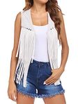 Springcmy Womens Fringe Vest 70s Hippie Costume Sleeveless Cowgirl Western Faux Suede Tassel Leather Outerwear Cardigan Streetwear (A-White, XL)