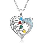 Personalized Heart Dolphin Necklace with 2-7 Names Custom Birthstone Heart Pendant for Women Promise Necklace Family Jewelry for Valentine's Day Mothers Day Gold/Silver/Rosegold, Silver, gemstone