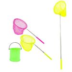 JZK 2x Small fish net and bucket set for kids, Long handle extendable kids fishing net with telescopic handle for pond and rock pool, insect/butterfly catcher net for kids