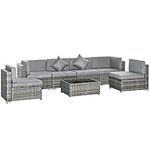 Outsunny 7 Piece Patio Furniture Set, PE Rattan Outdoor Conversation Set with Sectional Sofa, Glass Tabletop, Cushions and Pillows for Garden, Lawn, Deck, Mixed Grey and Grey