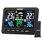 RISEPRO Wireless Weather Station with Outdoor Remote Sensor in/Out Temperature and Humidity Alarm Clock Calendar Weather Forecaster with Color LCD Display Black