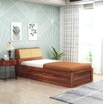 Strata Furniture Sheesham Wood Single Size Bed with Drawer Storage and Cushion Headboard for Bedroom Living Room Home Wooden Palang Bed (Honey Finish)