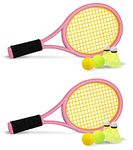 17 Inch Plastic Tennis Racket with 2 Soft Balls,2 Tennis Balls and 4 Shuttlecocks for Kid,Toddler Outdoor/Indoor Sport Play (Pink&Blue)