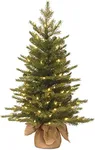 National Tree Company Pre-Lit 'Feel Real' Artificial Mini Christmas Tree, Green, Nordic Spruce, White Lights, Includes Burlap Bag Base, 3 Feet