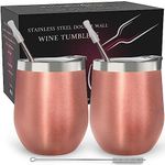 CHILLOUT LIFE Stainless Steel Wine Tumblers 2 Pack 12 oz - Double Wall Vacuum Insulated Wine Cups with Lids and Straws Set for Coffee, Wine, Cocktails (Rose Gold)