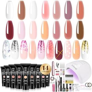 ROSALIND Poly Nail Gel Kit,14PCS Nude Clear Poly Nail Gel Nail Starter Kit with Mini U V Lamp Electric Nail Drill Slip Solution for Pink Nail Extensions Gel Dual Forms Nail Brush Kit