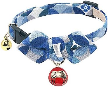 PetSoKoo Diamond Shaped Bowtie Cat Collar with Bell.Japan Lucky Daruma Charm and Cloisonne Print Crepe Fabric.Safety Breakaway.Soft,Lightweight,(Medium,Blue)