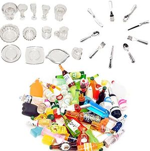 XHBTS 35 Escala miniaturas casa de muñecas Accesorios de Cocina Incluyen 12 Placas de muñeca Cuchillo Tenedor, 10 Botellas de Vino Copas de champán, 13 Taza de té para decoración de casa de muñecas
