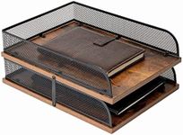 Set of 2 Vintage Wood & Metal Letter Tray，Desk Organizers Paper Tray，Office File Organizer(Black)