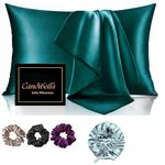 Premium Satin Silk Pillow Covers for Hair and Skin, Pack of 2 Satin Pillow Cover with 3 Satin Scrunchies and Bonnet for Women, Best Gift Combo, Silk Pillow Covers with Envelope Closure (Green)