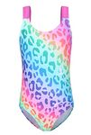 Aisyee Big Girls One Piece Bathing Suit Off Shoulder Swimsuits Kids Hawaiian Floral Swimwear Rainbow Leopard Size 16/7-16 Years