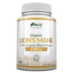 Organic Lions Mane Supplement 1500mg - 180 High Strength Vegan Capsules - 6 Month Supply - Lion’s Mane Mushroom with Organic Black Pepper - Made in The UK - Nu U Nutrition