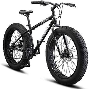 Mongoose Malus Mens and Women Fat Tire Mountain Bike, 26-Inch Bicycle Wheels, 4-Inch Wide Knobby Tires, Steel Frame, 7 Speed Drivetrain, Shimano Rear Derailleur, Disc Brakes, Matte Black