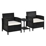 Outsunny 3 Pieces Rattan Bistro Set, Wicker Garden Furniture Set, Glass Top 2-tier Coffee Table and Chairs Set with Pillows and Washable Cushions for Outdoor, Patio, Balcony, Black