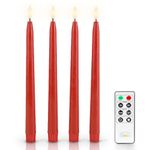 Fanna 4 Red Wax Finished Flameless Dinner Candles with Timer for Christmas, Battery Operated Led Taper CandleSticks for Valentine's Day and Wedding, Remote and Batteries Included - H 28cm