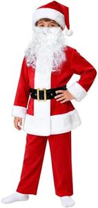 6 Pcs Kids Santa Costume Suit, Velvet for Christmas Halloween Cosplay | Soft Velvet Polyester Comfortable Kids Santa Suit with Hat, Beard, Belt & Gift Bag for Holiday, School Plays & Family Photos