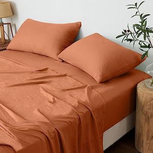 LINENOVA Vintage Washed Queen Sheet Set - 4 Piece Premium 2000TC Ultra-Soft Microfiber Bed Sheets - Cotton-Like Texture - Breathable and Soft- Sheets & Pillowcases (Queen, Rust)