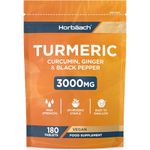 Turmeric Tablets 3000mg with Black Pepper, Ginger and Curcumin Extracts | High Strength Supplement | 180 Vegan Tablets (Not Capsules) | by Horbaach