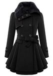 YMING Ladies Winter Trench Coat Warm Hoodied Long Sleeve Jacket Breasted Trench Coat with Belt Blk XL