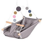 CaTeam - Canvas Kids Swing, Wooden Hanging Swing Seat Chair with Safety Belt, Durable Kids Swing Chair, Outdoor and Indoor Swing for Kids, Mounting Hardware Included, Dark Gray