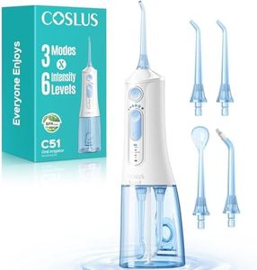 COSLUS C51 Portable Water Flosser for Teeth: 3 Modes & 6 Pressure Settings Oral Irrigator with Jet Mode for Braces & Sensitive Gums, Compact for Travel, 300ML Tank for Multiple Users, BPA-Free, White
