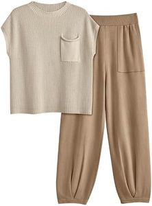 LILLUSORY Two 2 Piece Sets Womens 2025 Spring Summer Matching Lounge Sweatsuits Sweat Suits Trendy Travel Vacation Resort Wear Outfits Cozy Knit Loungewear Clothes Clothing Light Khaki M