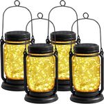 4 Pack Hanging Solar Lantern Lights,Vintage Glass Mason Jar Solar Fairy Lights Outdoor Decorative Waterproof Table Lamp with Stakes for Patio Yard Lawn Tree