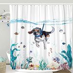 Lifeella Funny Dog Shower Curtain Teal Blue Sea Ocean Waterproof Fabric Shower Curtains for Bathroom with Animal Octopus Starfish Turtle Anchor Fish Nautical Bathroom Curtain