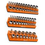 Olsa Tools Magnetic Socket Organizer | 3 Piece Socket Holder Kit | 1/2-inch, 3/8-inch, & 1/4-inch Drive | SAE Orange | Holds 68 Sockets | Professional Quality Tools Organizer