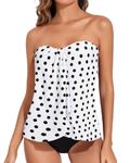 Tempt Me Two Piece Tankini Bathing Suits for Women Halter Bandeau Swim Top with Bottom Flyaway Tummy Control Swimsuit, White Polka Dot, Medium