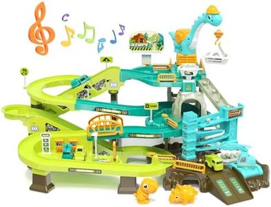 RISUNTOY 66PCS Dinosaur Engineering Adventure Track Set for Kids 3+,Electric Climbing Ladder Rotating Crane, Interactive Construction Playset with Music, 4 Mini Cars & 2 Dinosaur Figures, Ideal Gift