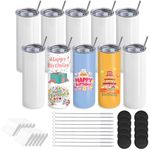 MSYU 10 Pack Sublimation Tumblers Bulk, 20 oz Stainless Steel Straight Skinny Tumbler, White Double Walled Vacuum Insulated Mug with Straws and Lid, Individually Boxed