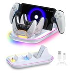 Charging Dock Station for PlayStation Portal and PS5 Controller, 3-in-1 Charging Stand for PS Portal Remote Player with 14 RGB Light and Type-C Cable, Stand Holder for PS Portal - White