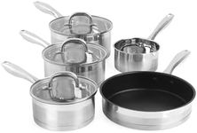 Salter BW06746 Timeless 5 Piece Pan Set - Induction Hob Cooking Pots, Stainless Steel Cookware, 16, 18, 20 cm Saucepans, Milk Pan and 24cm Frying Pan, Includes Tempered Glass Lids, Easy Grip Handles