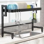 HOKIPO Adjustable Over Sink Dish Drying Rack For Kitchen With Cutlery Holder, Chopping Board Holder, Knives Holder, Soap Holder & Hanging Hooks (Ar-4977), 27X75X57 Cm, Black