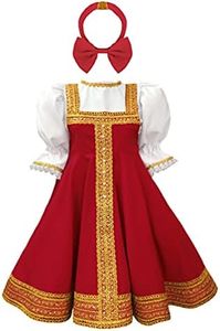 TiaoBug Halloween Dress for Girls Russian Traditional Costume Puff Sleeve Gold Embroidery Swing Dress with Headpiece Red 5-6 Years