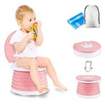 Portable Potty Seat, Kids Folding Training Toilet Chair Travel Potty Indoor Outdoor with Storage Travel Bag (Pink)