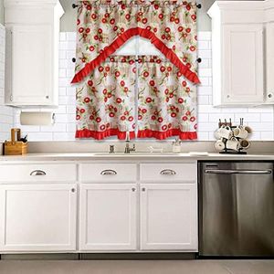 Kashi Home 3 Piece Kitchen Curtain Swag Set, Decorative Window Treatment Apple Printed Design Cortland (K-KC090279)