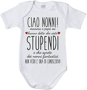 Fupies Body neonato ciao nonni mamma e papà mi hanno detto che siete stupendi non vedo l'ora di conoscervi grafica neutra, 1 Mese, Manica corta