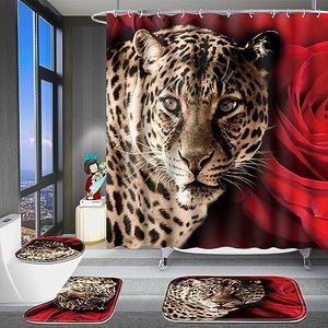 Poedist 4 Pcs Bathroom Shower Curtain Set,Red Rose and Leopard Shower Curtain Bright Style Shower Curtain Sets with Rugs(Bath Mat,U Shape and Toilet Lid Cover Mat) and 12 Hooks