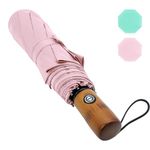 Pumi-geous Wooden Handle Umbrella Automatic Windproof Lightweight Collapsible Backpack Travel Umbrella (Pink)