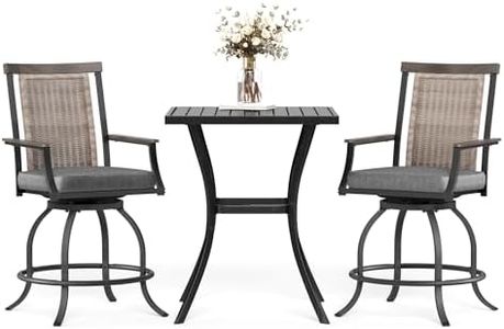 MFSTUDIO 3-Piece Outdoor Bar Set with 2 Swivel Wicker Rattan Cushion Chairs and 1 Metal Table, Perfect Patio Counter Height Table and Chairs