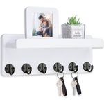 Nekon Key Holder Wall Mount, 12.9 Inch Home Decor Wooden Wall Organizer with 6 Hooks and Display Shelf, Wall Shelf for Living Room Entryway Kitchen (White)